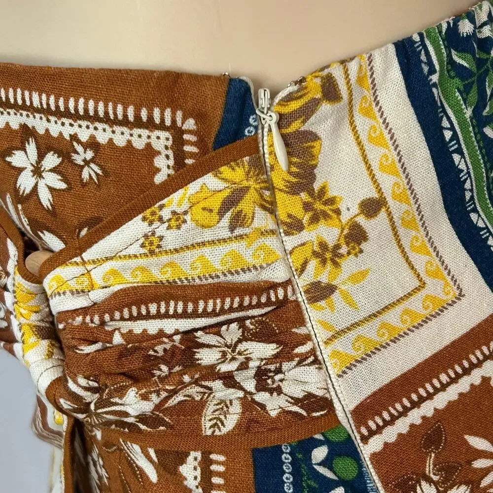 Y2K Linen Blend Scarf Print Sarong Wrap Midi Skirt Boho Coastal Small
